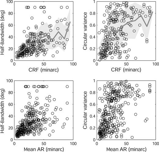 Relationship between orientation selectivity and receptive field dimensions. Left column: HBW versus CRF width (top panel, n = 242; r = 0.60, P < 0.01) and mean AR width (bottom panel, n = 339; r = 0.65, P < 0.01). Right column: CV versus CRF width (top panel, n = 242; r = 0.52, P < 0.01) and mean AR width (bottom panel, n = 339; r = 0.57, P < 0.01). Four points from cells with CRF widths > 100′ have been omitted to avoid excessive compression of the horizontal axis. Top row: Lines show mean HBW (left) and mean CV (right) calculated in 10′ bins. Shaded area denotes ± SD in each bin.