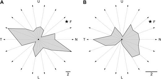 Graphical representation of the number of neurons with preference for motion along different axes in DM (A) and V1 (B). The grey polygons were defined on the basis of the number of neurons with preferred axes of motion pointing in different directions (within 20° bins). For bidirectional cells, one half of a ‘unit’ was attributed to each of two diametrically opposed directions. L represents movement towards the lower visual field. N is movement towards the nasal visual field, T is movement towards the temporal visual field, and U is movement towards the upper visual field. Scale bars = 2 cells. The star indicates the approximate relationship of the location of the fovea (F) to the represented axes of motion, taking into consideration the average location of the receptive fields in the sample. Weakly biased neurons (OI and DI < 0.2) were excluded from this analysis.