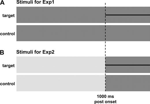 Schema of the stimuli used in the two experiments. (A) Stimuli for Exp1 consisted of 1500 ms of correlated wide-band noise (dark grey) with a 500 ms faint tonal object (HP/TN; black line) appearing at 1000 ms post-onset. Control stimuli were 1500 ms long correlated wide-band noise. (B) Stimuli for Exp2 consisted of 1000 ms long uncorrelated wide-band noise (light grey) followed by a 500 ms long correlated noise segment which either contained a tonal object (target condition) or did not (control condition). Crucially, the last 500 ms of the stimuli of Exp1 and Exp2 were identical.