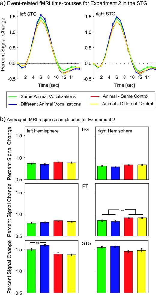 (a) Event-related time courses of fMRI responses in the left and right superior temporal gyrus (STG) for experiment 2 averaged across 13 subjects. (b) fMRI response amplitudes in HG, the PT, and the STG for experiment 2 averaged across 13 subjects. The error bars represent mean standard errors of the fMRI responses.