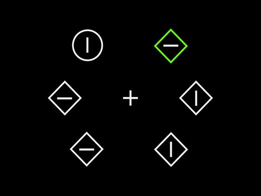 A search display showing the target as the shape circle singleton among diamond distractors with the addition of a color singleton distractor.