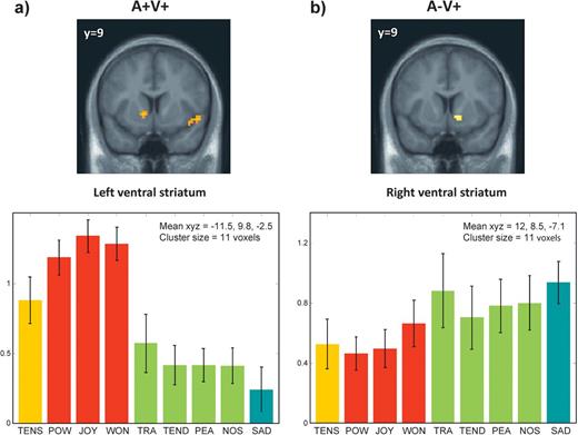 Lateralization of activations in ventral striatum. Main effect for the quadrants A+V+ (a) and A−V+ (b) showing the distinct pattern of activations in the ventral striatum for each side. P ≤ 0.001, uncorrected. The parameters of activity (beta values and arbitrary units) extracted from these 2 clusters are shown for conditions associated with each of the 9 emotion categories (average across musical piece and participants). Error bars indicate the standard deviation across participants.