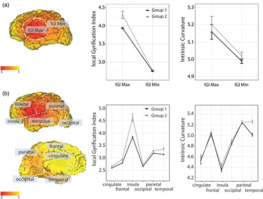 (a) The natural variation of lGI was used to delineate regions of “high” lGI (>3.5) and “low” lGI (<3.5). Line plots of mean and standard error indication that for each dataset, the intrinsic curvature demonstrated a similar variation between regions of high and low lGI. (b) Line plots of mean and standard error for. lGI and intrinsic curvature across 6 cortical lobes indicate a consistent pattern across datasets for each parameter.