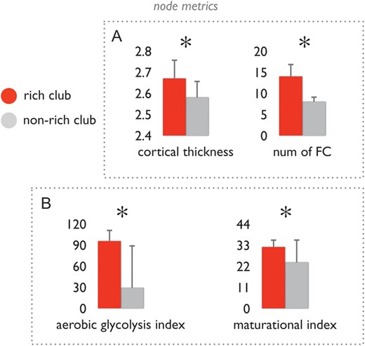 Structural and functional aspects of rich club and non-rich club nodes. (A) Left bar graph shows the class-average levels of cortical thickness (corrected for differences in regional volume). Right bar graph shows the number of positive (Tfc > 0) functional connections of rich club and non-rich club nodes, showing that the number of functional connections of rich club nodes was significantly higher than that of non-rich club nodes. Error bars express variation of node class values over the group of subjects. (B) Bar graphs show the mean values of the class of rich club nodes and non-rich club nodes of the aerobic glycolysis index as taken from (Vaishnavi et al. 2011) and the maturational index as taken from (Glasser and Van Essen 2011). Data shows that rich club nodes display a significantly higher metabolic energy use as compared to non-rich club nodes, and a significantly longer maturational trajectory than non-rich club nodes. *P < 0.05 (permutation testing, 10 000 permutations). Error bars express variation of values over the group of included regions.