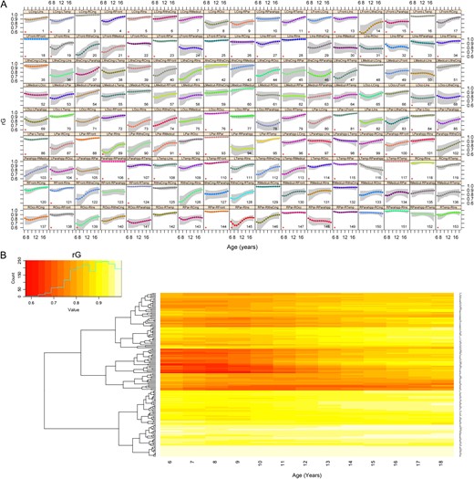 Age-related changes in rG for cortical thickness with 95% confidence intervals shown in panel A. Asterisks identify ROI pairs with significant age-related changes after FDR-correction. A heatmap of the same results are shown in Panel B. Supplemental Movie 2 presents the same data dynamically.