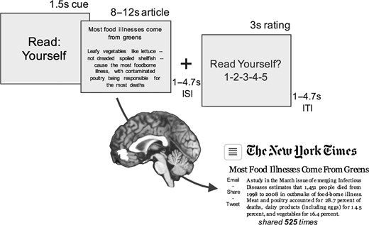 In-scanner New York Times article viewing task and tracking of population information sharing. Brain activity was measured as people read and listened to headlines and abstracts of New York Times articles focusing on health and fitness. Population-level counts of the number of times each article was shared online within the first 30 days after publication (via email or social media) were collected from the New York Times website. Multilevel models used brain responses from the viewing task to as a predictor variable, and counts of population article sharing as an outcome variable.