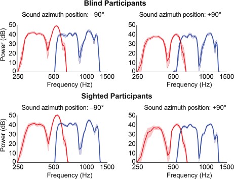 Spectral variation in binaural recordings of sighted and blind participants as a function of azimuth position. Plotted are the spectrums derived from recordings in the left ear for stimuli at the left (−90°; left) and at the right (+90°; right) for sighted and blind participants (first and second rows, respectively). Red lines represent the average spectrum for stimuli in the range of 250–700 Hz; blue lines represent the average for stimuli in the range of 500–1400 Hz (averaged across participants within the group). Shaded areas indicate the 95% confidence interval as estimated with a bootstrapping procedure (10 000 repetitions). Note, for instance, the difference in the depth of the troughs between the sound at the 2 locations, as well as the difference in the peaks at ~ 500 and ~ 1300 Hz.