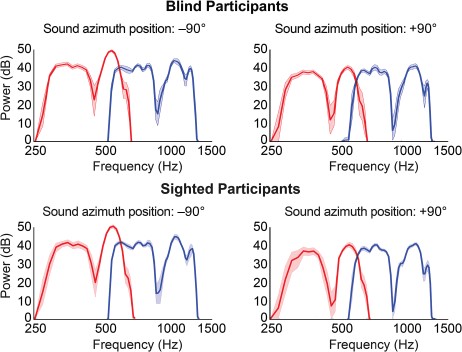 Spectral variation in binaural recordings of sighted and blind participants as a function of azimuth position. Plotted are the spectrums derived from recordings in the left ear for stimuli at the left (−90°; left) and at the right (+90°; right) for sighted and blind participants (first and second rows, respectively). Red lines represent the average spectrum for stimuli in the range of 250–700 Hz; blue lines represent the average for stimuli in the range of 500–1400 Hz (averaged across participants within the group). Shaded areas indicate the 95% confidence interval as estimated with a bootstrapping procedure (10 000 repetitions). Note, for instance, the difference in the depth of the troughs between the sound at the 2 locations, as well as the difference in the peaks at ~ 500 and ~ 1300 Hz.