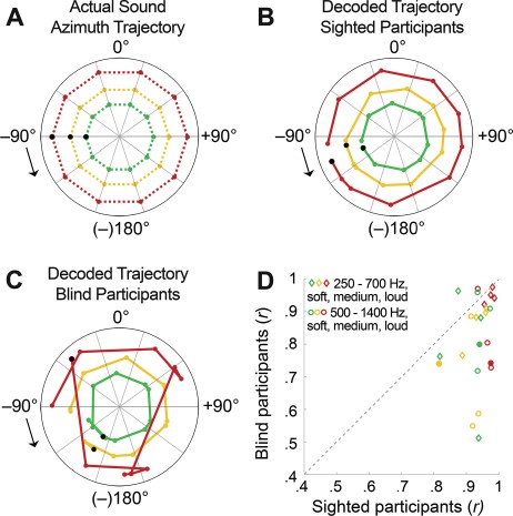 Decoding sound azimuth trajectory from BOLD population time courses in the AC with a 2-channel, opponent coding model. Polar plots show the actual sound azimuth trajectory of stimuli in the frequency range of 500–1400 Hz, starting at −90° and rotating counterclockwise (A), and the sound azimuth trajectories reconstructed from the fMRI responses of spatially sensitive vertices in the AC of sighted participants (B) and blind participants (C). Colors indicate the sound intensity condition: green = soft, yellow = medium, and red = loud (radius is arbitrarily selected for ease of visualization). Colored dots indicate the position of the sound at each measured time point (i.e., every 2 s). Black arrows signal the starting point and the motion direction of the sound azimuth trajectory; and black circles, the estimated starting point. (D) Raw correlation values between the decoded and actual sound azimuth trajectory for sighted participants (x-axis) and blind participants (y-axis). Each dot represents a condition (24 in total; e.g., soft intensity, starting left, rotating clockwise; diamonds indicate frequency range of 500–1400 Hz, and circles indicate frequency range of 250–700 Hz, with colors similar to polar plots). Higher correlation values correspond to higher decoding accuracies. Points below the diagonal indicate conditions for which the decoding accuracy was higher for sighted than blind participants. Filled points correspond to the examples included in panels B and C.