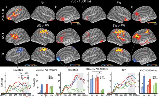 Group average maps and time courses of event-related theta source power in the 700–1000 ms time window. The top row shows greater theta to SW (right) and AN (left) in the ASD than TD group in the ACC. The bottom row demonstrates similar response-related theta enhancement to SW (vs. PW) and AN (vs. PW) in the right motor cortex (R MotCx) across the groups, and less suppressed theta to SW and AN in the ASD than TD group in the L MotCx. The vertical light-shaded bars denote the time window applied to the ROI statistical analysis. *P < 0.05.