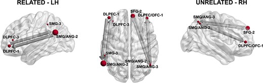 Results of the Granger Causality connectivity analysis. Only those connections whose Granger Causality values (F) were >0.005 are depicted. The size of the nodes corresponds to the extension of each cluster and is averaged in its coordinates on those cluster involving several adjacent points. Left: left hemisphere analysis for the related solutions. Right: right hemisphere analysis for the unrelated solutions.