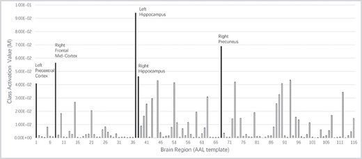 A bar chart showing the average class activation value of all test subjects. Top 5 activated regions are shown in different colors. Left hippocampus is reported as the most active region when our model diagnosis AD.