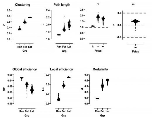 Global network features of the fetal functional connectome. Top shows small world properties of fetal RSNs (Fet). Indices s and w met criteria for small-worldness, marked by the black dashed line. Fetal metrics shown relative to values from reference random (Ran) and lattice networks (Lat).