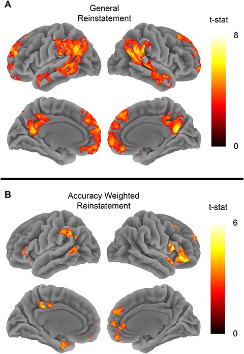 Reinstatement searchlights. (A) The general reinstatement analysis tested for areas showing higher spatial pattern similarity between encoding and retrieving the same clip versus different clips. (B) Map shows brain areas where reinstatement effects correlated with memory performance. Both map show clusters significant after FWE correction at P < 0.05 with voxel defining threshold of P < 0.001.