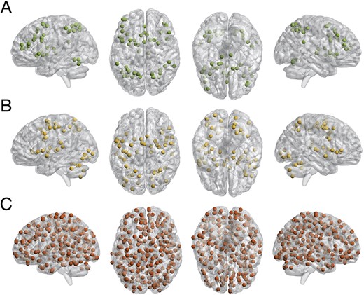 Nodes of meta-analytically defined executive function A) and perceptuo-motor B) networks as well as Power et al.’s graph of putative functional areas C).