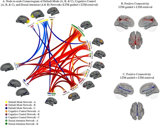 Condition-modulated connectivity between default mode, cognitive control, and dorsal attention network nodes (LTM-guided attention > LTM-retrieval). A) Significant increases in node-to-node connectivity are shown in red/orange while significant decreases are shown in blue. Darker colors signify stronger task-modulated connectivity between nodes. Inflated brains beside clusters of nodes offer visualization of the nodes and the Yeo 17-network that they belong to. B) Visualization of node-specific locations and the significant positive connections from all clusters. C) Visualization of node location and the significant negative connections from all clusters.