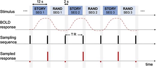 Stimulus and fMRI scanning procedure. Epochs of stories and random syllable sequences are presented interleavingly. The fMRI response to each epoch is acquired using a sparse sampling approach (Hall et al. 1999): no fMRI scanning is engaged during speech listening. After each epoch, fMRI scan is acquired during a 2-s silence period.