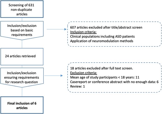 Data screening and selection. Flow diagram illustrating the process of identification, screening, and final inclusion of studies on noninvasive brain stimulation applied in adolescents and adults with ASDs.