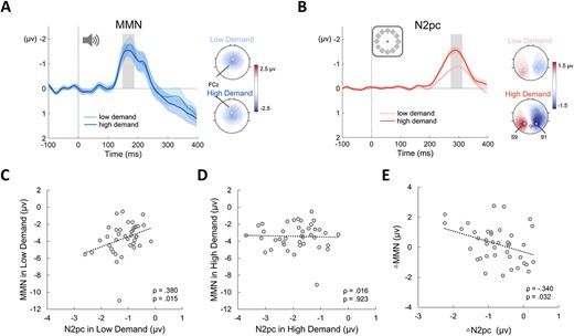 Electrophysiology results from experiment 3. (A) the MMN difference waves and topographic scalp maps for the low demand and high demand conditions. Shading represents standard error. Topographic scalp maps show the distribution of MMN at peak in two conditions (gray bars). (B) N2pc difference waves and topographic scalp maps for the low and high demand conditions. Shading represents standard error. Topographic scalp maps show the distribution of the N2pc at peak in two conditions (gray bars). (C) Correlation between MMN amplitude and N2pc amplitude in the low demand condition. (D) Correlation between MMN amplitude and N2pc amplitude in the high demand condition. (E) Correlation between ∆MMN amplitude (high demand–low demand) and ∆N2pc amplitude (high demand–low demand).