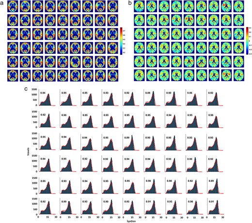a) Predictions of normalized individual SynDen for each of the 54 ADNI test subjects using the individually trained high-smoothing ANN model. Cubic Gaussian-smoothing sigma ${\sigma}^3$ used for the network are 0, 1, 8, 64, and 512. Order of ADNI subjects same as in Supplementary Table S1. The individual predictions show the range and spatial patterns expected, showing that the ANN is not overfitting the data. However, the individual predictions were closer to the mean value throughout the brain, with standard deviations ranging from 0.13 to 0.15, compared to 0.16 in the reference standard dataset, which reflects the challenge of predicting the same SynDen reference standard regardless of ADNI subject with low mean squared error, while also providing evidence that our chosen network architecture is not overfitting the data, providing individualized predictions instead. Given our expectation that the ANN was predicting values closer to the mean due to an artificial inflation of the mean squared error as a result of the lack of individualized synaptic datasets for training, we normalized the data to correct for mean and standard deviation. Overall, spatial correlations of the subject predictions with our reference standard range from 0.83 to 0.91, averaging 0.89 across subjects. b) Absolute difference maps for the 54 subject SynDen predictions compared to the reference standard. Differences in SynDen predictions do not show a consistent pattern, which suggests that the prediction deviations are mainly individual variations. Of note however is that overestimations (in red) seem to be mainly limited to white matter regions, while underestimations (in blue) seem to be more localized to gray matter regions. While the figure shows that our ANN SynDen predictions are consistently lower in white matter and higher in gray matter as we expect from the reference standard, further efforts at fine tuning of the network may be possible to correct these under- and over-estimations in gray and white matter, respectively. It is also possible that with individualized datasets the network can be trained to predict individualized SynDen more effectively, thereby mitigating these observed systemic differences. Another possibility is that these systemic differences in gray and white matter are real individual variations, and arise because SynDen is already low in white matter and individual variations can for the most part only increase SynDen, with the reverse being true for gray matter. c) The associated SynDen histograms for the individual predictions with the continuous red lines showing the reference standard histogram, with individual subjects presented in the same order. The x axis is in the original (relative) scale of image intensities before normalization for ANN training. The fractional overlap of the prediction histogram for each subject with the reference standard is displayed on each histogram. The overlap between subject SynDen histogram predictions with the reference standard is high, ranging from 0.88 to 0.97, averaging 0.93 across subjects, demonstrating that our predictions achieve the range and spatial patterns expected.