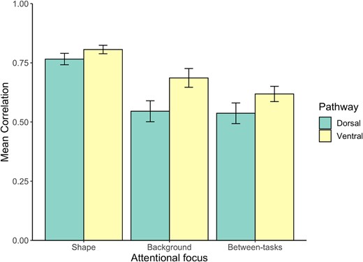 Correlation results within and between attentional conditions for the box-scrambling experiment. Error bars represent the standard error of the mean.