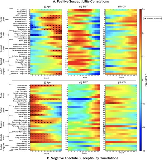 Correlations between positive or negative net susceptibilities and variables of interest. i) The relationship between age and net positive A) and net negative B) susceptibility values was assessed for each depth for combined curvature as a whole-ROI measure using partial correlations to control for the effects of group status. ii) The relationship between BIST scores as a marker for injury severity and net susceptibility sign values was explored, along with. iii) The relationship between net susceptibility sign values and DSI at the time of MRI scan as a marker of injury latency. Net negative B) susceptibility was transformed into absolute values to better represent the relationship between variables. BIST = brain injury screening tool; DSI = days since injury (at time of MRI scan).
