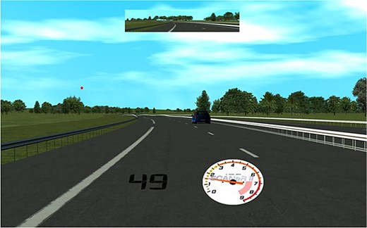 The central monitor view of the driving environment with rear-view mirror and digital speedometer displayed. A DRT target is presented above the horizon on the left.