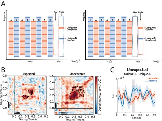 (A) The stimulus consisted of two complex sequences with harmonically related tones. In each trial, subjects were instructed to selectively attend to high or low pitch sequence and counted intensity deviants in the target stream. One of the frequency channels unique to tone complex A (unique A) or complex B (unique B) was probed at the end of each trial. (B) Decoding performance for Expected (left) and Unexpected (right) probe-tones (see the text for further explanation on the difference between the two paradigms). For each subject, classifiers were trained on the signals from all 64 EEG sensors and tested separately at each time in a 600 ms time window encompassing the probe tone (−100 to 500 ms). The trained classifiers tried to decode the target of attention within the mentioned time window. The cluster-corrected significance was contoured with a dashed line, P = 0.038 for expected and P = 0.004 for unexpected. Thus, both probes demonstrated significant attentional modulations of individual harmonic components, although the classification patterns were different between the two conditions. (C) Comparing the difference in responses to unique A and unique B probe-tones for two attentional conditions for the first DSS component (see text and Methods section for details). The comparison was significant for unexpected probes at around 200 ms after the probe onset (shaded area larger than $2\sigma$), with reverse polarity for attend A and attend B suggesting the opposite effect of attention on coherent and incoherent tones (i.e., enhancement versus suppression). (n = 18).