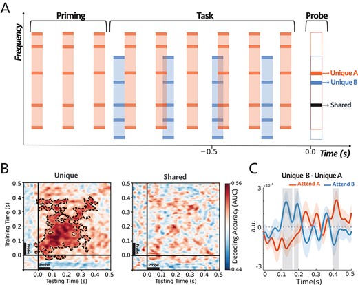 (A) The stimuli started with a target sequence alone (Priming epoch), and after 3 bursts, the distractor stream was added. Both tone complexes consisted of inharmonic frequencies (see Materials and Methods). The two sequences were presented at different rates but converging on the last tone in the sequence, which was replaced by a single frequency probe-tone centered at the frequency that was either shared between the two complexes, unique to complex A (Orange), or unique to complex B (Blue). In each trial, subjects were instructed to selectively attend and detect an intensity deviant in the target sequence. (B) Decoding performance for unique (left) and shared (right) probe-tones. Classifiers trained and tested separately at each time in a 600 ms time window of the probe-tone (−100 ms to 500 ms). Cluster-corrected significance is contoured with a dashed line. The classifiers could decode attention only when the probes were unique components (P = 0.0003). The two sets of scores were statistically different as depicted in Supplementary Fig. S6. (C) Comparing the difference in the first DSS component of the responses to unique A and unique B probe-tones in the two attentional conditions (Supplementary Fig. S7A; see Materials and Methods). The comparison was significant for shaded areas (larger than 2σ), with reverse polarity for A and B, suggesting the opposite effects of attention on coherent and incoherent tones (i.e., enhancement versus suppression). (n = 21).