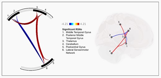 Effect of MA on between-network functional connectivity. The left shows pairs of networks that were significantly increased (red connections) or decreased (blue connections) after MA relative to PL. Numbers correspond to resting state networks listed in the center. The right shows the anatomical location of the 7 significant connections of the resting state networks. Color scale represents t-values.