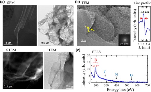 (a) Scanning electron microscopy (SEM), transmission electron microscopy (TEM), and scanning transmission electron microscopy (STEM) images; (b) TEM image and line profile (bottom right: electron beam diffraction image); and (c) Electron energy loss spectrum (EELS) of an HB sheet. Reprinted with permission from Ref. 20. Copyright 2017 American Chemical Society.
