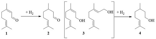 The production of 4 via hydrogenation of 1.