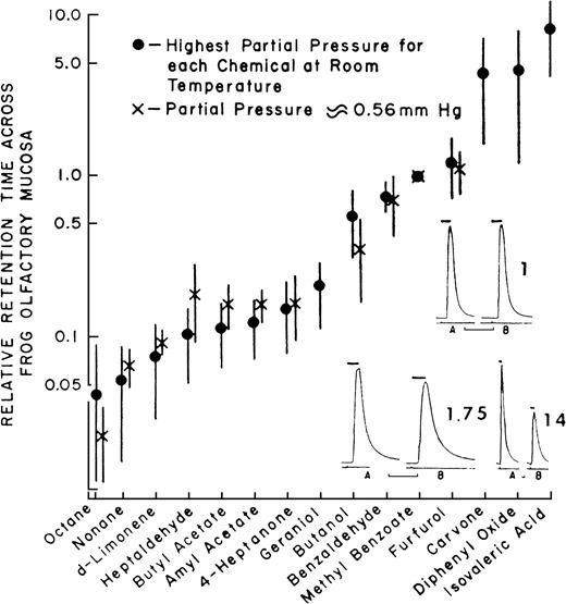 Sorption rates of 15 different odorants across the mucosa of the frog (data from Mozell and Jagodowicz, 1973).