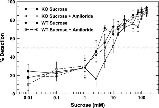 Psychophysical functions of the WT (dashed lines) and KO (solid lines) mice for sucrose without and with 100 μM amiloride in all solutions. No significant differences between the thresholds of KO and the WT mice were detected.