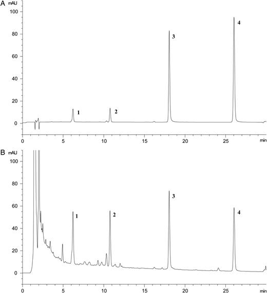 Representative HPLC chromatograms of the standard mixture (A) and H. dulcis fruit extracts (B). 1, Ampelopsin; 2, taxifolin; 3, myricetin; and 4, quercetin.