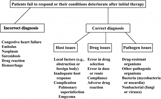 Possible factors to be considered when patients fail to respond or their conditions deteriorate after initiation of empirical therapy