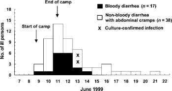 Bar graph illustrating the onset of illness of an outbreak of Escherichia coli O111:H8 infection in 55 camp attendees, Texas, June 1999.