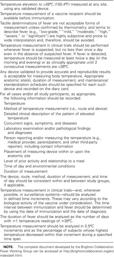 Selected guidelines for temperature measurement for standardized understanding of fever data in immunization safety.