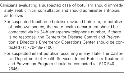 Protocols for clinicians evaluating suspected cases of botulism.