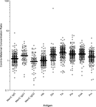 Individual cord-to-maternal ratios of anti-Neisseria meningitidis serogroup C (MenC) immunoglobulin G (IgG), IgG1, and IgG2; anti-Haemophilus influenzae type b (Hib); anti-diphtheria (Dtx); anti-tetanus (Ttx); anti-pertussis toxin (Ptx); anti-filamentous hemagglutinin (FHA); and anti-pertactin (Prn) antibodies. Horizontal bars indicate geometric mean cord-to-maternal ratios.