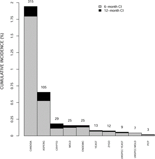 Bar graph demonstrating cumulative incidence (CI) of specific invasive fungal infection (IFI) at 6 months and 12 months after transplantation The number of IFIs contributing to the 12-month CI is given for each column. ASPERG, aspergillosis; CANDIDA, invasive candidiasis; CRYPTO, cryptococcosis; ENDEMIC, endemic fungi; MOLD, non-Aspergillus mold; PCP, pneumocystosis; UNSPEC, unspecified; ZYGO, zygomycosis.