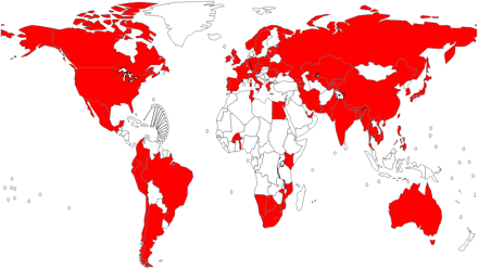 Countries that reported at least one case of extremely drug-resistant tuberculosis (XDR-TB) by end 2010.