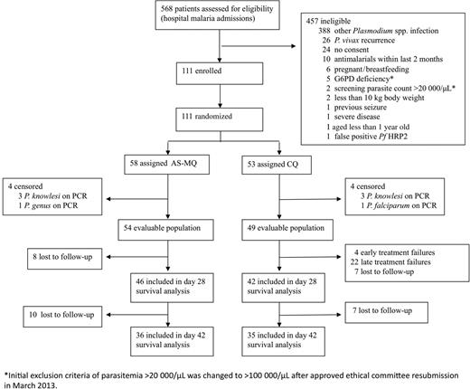 Study profile. Abbreviations: AS-MQ, artesunate-mefloquine; CQ, chloroquine; PCR, polymerase chain reaction.