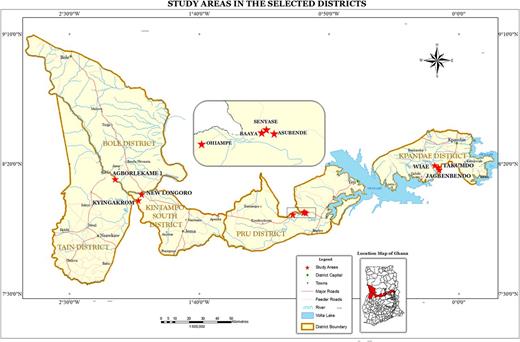 Map of Ghana indicating administrative regions and locations of study communities.