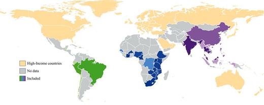 Low- and middle-income countries reporting the incidence of key opportunistic infections and antiretroviral therapy status. Thirty-eight countries provided included data. Green represents Latin America and the Caribbean, blue represents sub-Saharan Africa, and purple represents Asia. Color darkness reflects the number of included studies, with darker shading representing more studies. High-income countries were not eligible for inclusion.