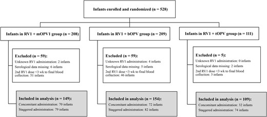 Enrolled subjects and final study population. Abbreviations: bOPV, bivalent oral poliovirus vaccine; mOPV1, monovalent oral poliovirus vaccine type 1; RV1, monovalent RV; tOPV, trivalent oral poliovirus vaccine.