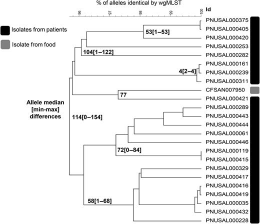 Phylogenetic tree showing whole-genome multilocus sequence typing (wgMLST) allele differences among Listeria monocytogenes isolates from patients and food that were indistinguishable by pulsed-field gel electrophoresis (PFGE) and were identified as a disease cluster for investigation, United States, 2013 (N = 24). Most isolates were not highly related, with >30 allele differences between them, indicating this PFGE-defined cluster was a “pseudo-cluster” by whole-genome sequencing.