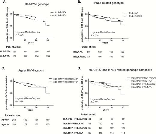 Kaplan-Meier curves for factors associated with CD4+ T-cell drop <500 cell/mm3. Variables with P < .1 in the Cox proportional, hazards bivariate regression are represented. A, human leukocyte antigen (HLA)-B*57, B, interferon-lambda 4 (IFNL4)–related genotype, C, age at diagnosis, and D, HLA-B*57 and IFNL4-related genotype composite variable expressed as the 4 possible combinations. Log-rank test bivariate analysis was performed to assess statistical differences among the curves. Abbreviations: HIV, human immunodeficiency virus.