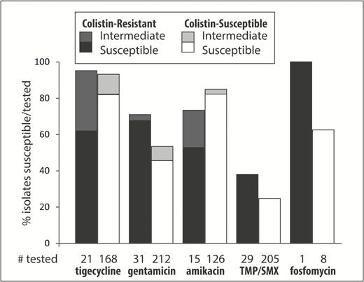The percentages of susceptible and intermediate isolates for each drug are shown separately for colistin-resistant (ColR) and colistin-susceptible (ColS) carbapenem-resistant Klebsiella pneumoniae (CRKp). Underneath each bar is the number of CRKp tested for each drug in the ColR and ColS groups. The black and white bars represent the percentage of susceptible/tested CRKp isolates in the ColR and ColS groups, respectively. The dark-gray and light-gray bars on top of the black and white bars represent the percentage of intermediate/tested CRKp isolates in the ColR and ColS groups, respectively. Abbreviation: TMP/SMX, trimethoprim/sulfamethoxazole.