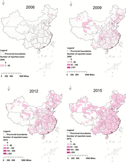 Geographical distribution of the human immunodeficiency virus/AIDS cases reported among men who have sex with men at the county level in the years 2006, 2009, 2012, and 2015 in China.
